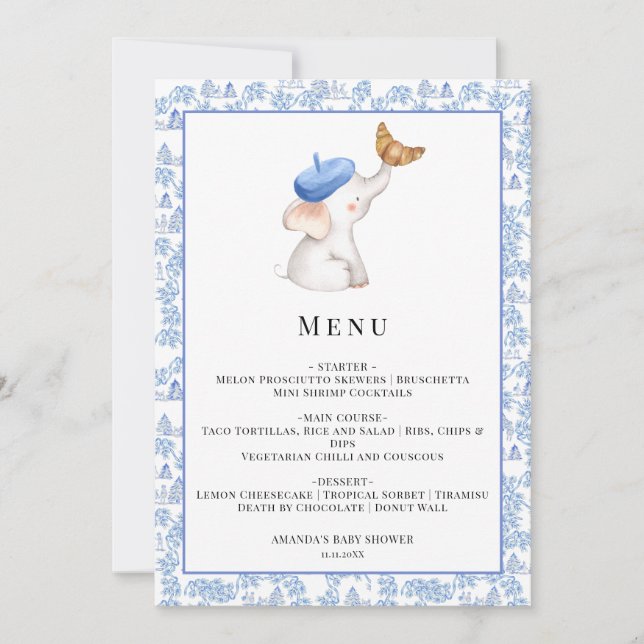 Bonjour Bebe Romantic French Girl Baby Shower Menu Invitation (Front)