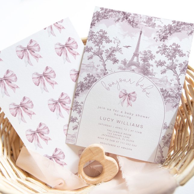 Bonjour Bebe Toile Pink Bow French Baby shower Invitation (Creator Uploaded)