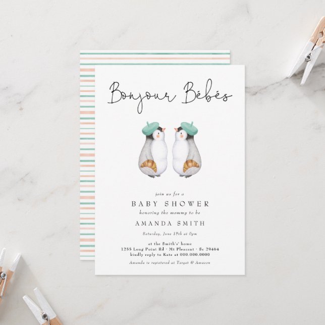 Bonjour Bebes French Penguin Twins Baby Shower  Invitation (Front/Back In Situ)