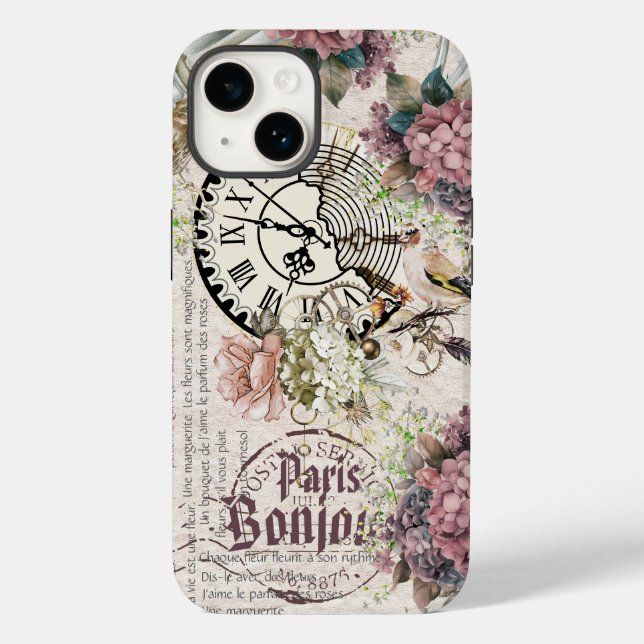 Bonjour Botanical french artwork Cute bird Grunge Case-Mate iPhone Case (Back)