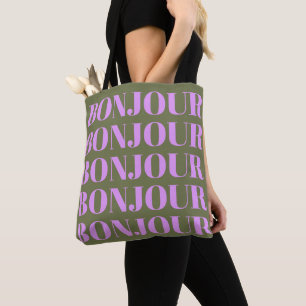 Bonjour   Chic Olive and Lilac Bold Typography  Tote Bag