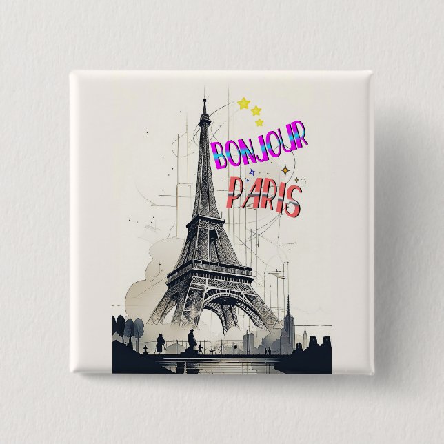 Bonjour Colourful Paris 15 Cm Square Badge (Front)