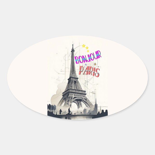 Bonjour Colourful Paris Oval Sticker (Front)