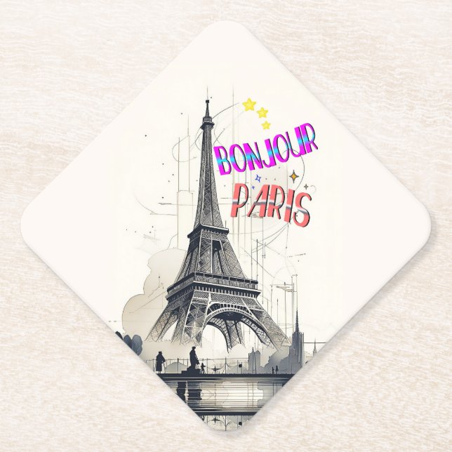 Bonjour Colourful Paris Paper Coaster (Front)