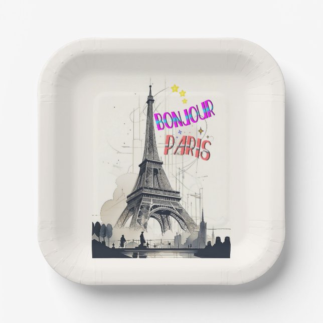 Bonjour Colourful Paris Paper Plate (Front)