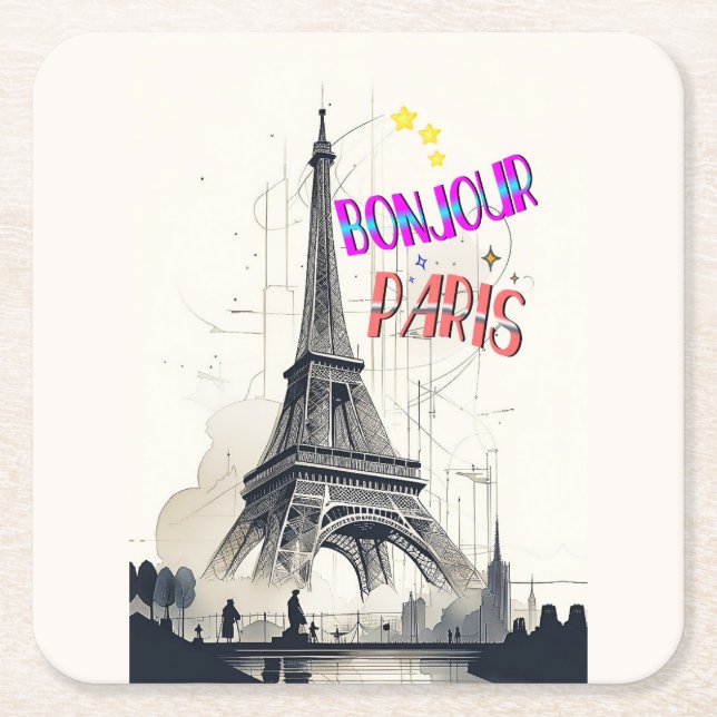 Bonjour Colourful Paris Square Paper Coaster (Front)