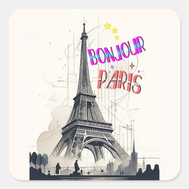 Bonjour Colourful Paris Square Sticker (Front)