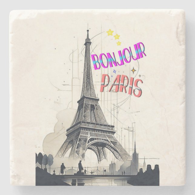 Bonjour Colourful Paris Stone Coaster (Front)