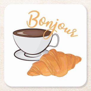 Bonjour Croissant Coffee Breakfast - French Cafe Square Paper Coaster