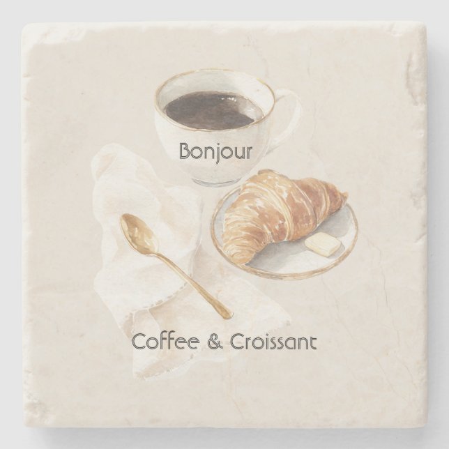 Bonjour Croissant & Coffee   Stone Coaster (Front)