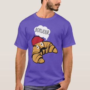 Bonjour Croissant With Mustache And Beret Hat Food T-Shirt