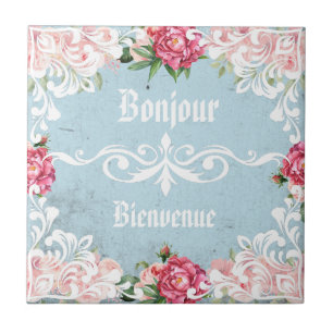 Bonjour Custom text trendy french vintage Ephemera Ceramic Tile