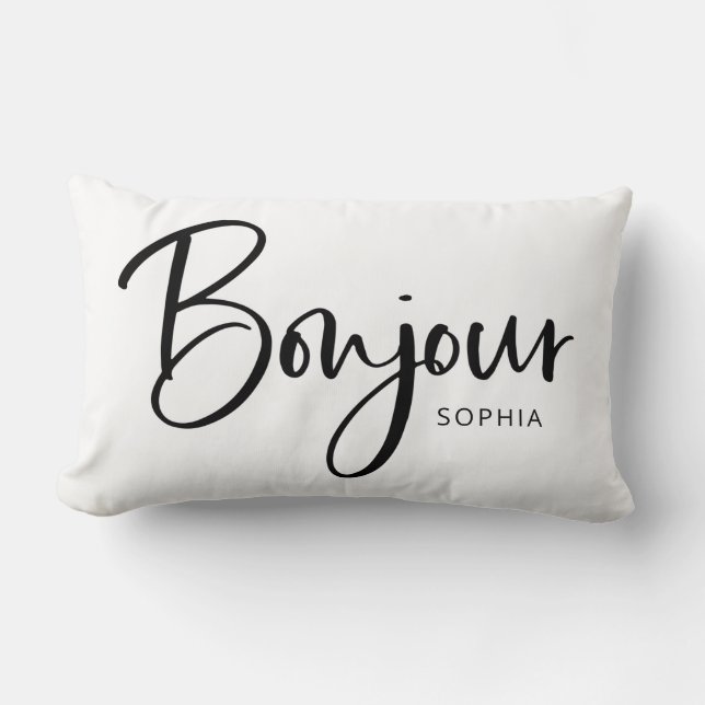 Bonjour | Elegant and Modern Black French Script Lumbar Cushion (Front)