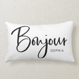 Bonjour   Elegant and Modern Black French Script Lumbar Cushion