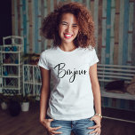 Bonjour | Elegant and Modern French Script T-Shirt<br><div class="desc">This elegant,  black and white shirt says "Bonjour" in trendy,  modern handwritten script typography. A chic and stylish look for anyone who loves France and the French language.</div>