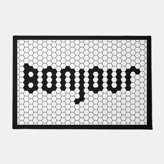 Bonjour Faux Tile Black & White Border Doormat (Front)