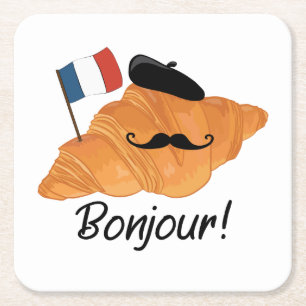 Bonjour French Croissant - France Funny Food Square Paper Coaster