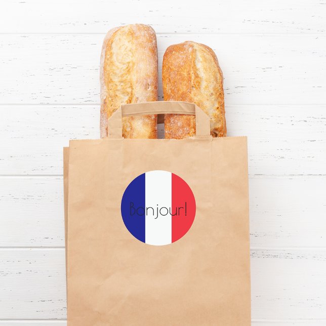 Bonjour french flag blue white red classic round sticker (Creator Uploaded)