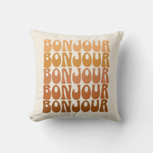 Bonjour French Hello Retro 70s Groovy Typography  Cushion