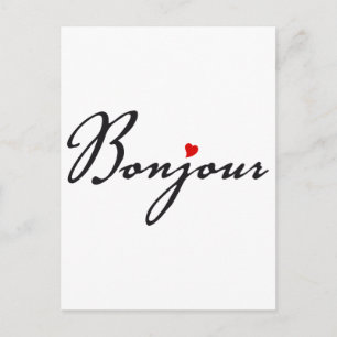 Bonjour, French word art with red heart Postcard