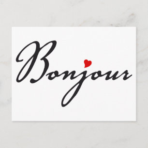Bonjour, French word art with red heart Postcard