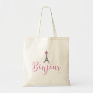 Bonjour-grey-Eiffel-Tower-pink-bow2 Tote Bag