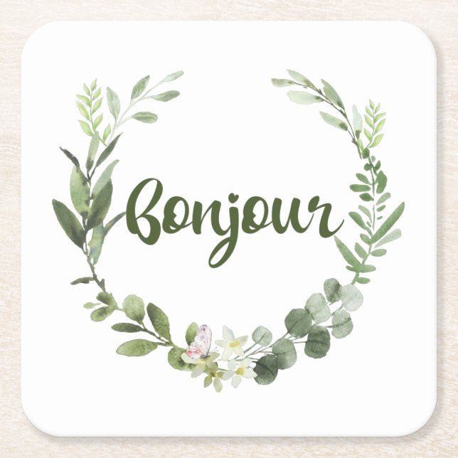 Bonjour Hello French Square Paper Coaster (Front)