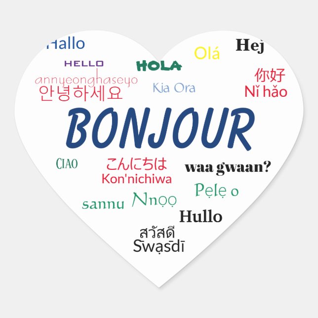 Bonjour Hello Languages World Travel Colourful Heart Sticker (Front)