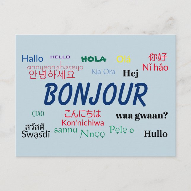 Bonjour Hello Languages World Travel Colourful Postcard (Front)