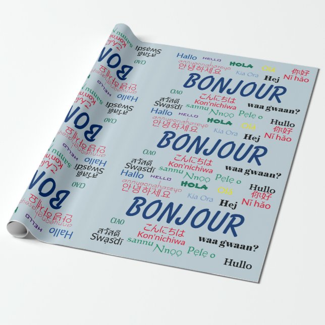 Bonjour Hello Languages World Travel Colourful Wrapping Paper (Unrolled)