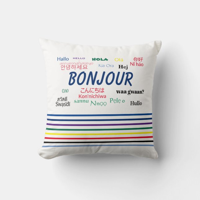 Bonjour Hello Multiple Languages Stripes Cushion (Front)