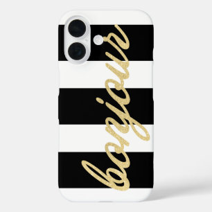 Bonjour in Gold Script Black Stripes French Hello iPhone 16 Case