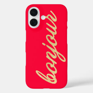 Bonjour in Gold Script Red French Hello iPhone 16 Case