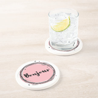 Bonjour in Pink on White Coaster
