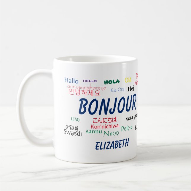 Bonjour Many Languages Travel Name Coffee Mug (Left)