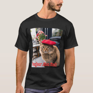 Bonjour Mon Ami Cat in Red Beret T Shirt