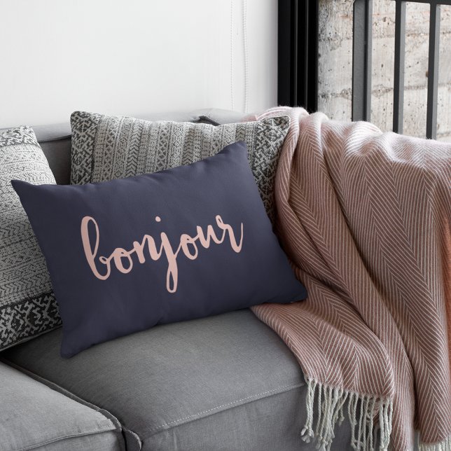 Bonjour Navy & Pink Peach Decorative Cushion (Creator Uploaded)