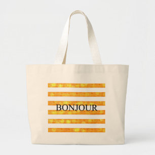 Bonjour Orange Stripe Bokeh Large Tote Bag