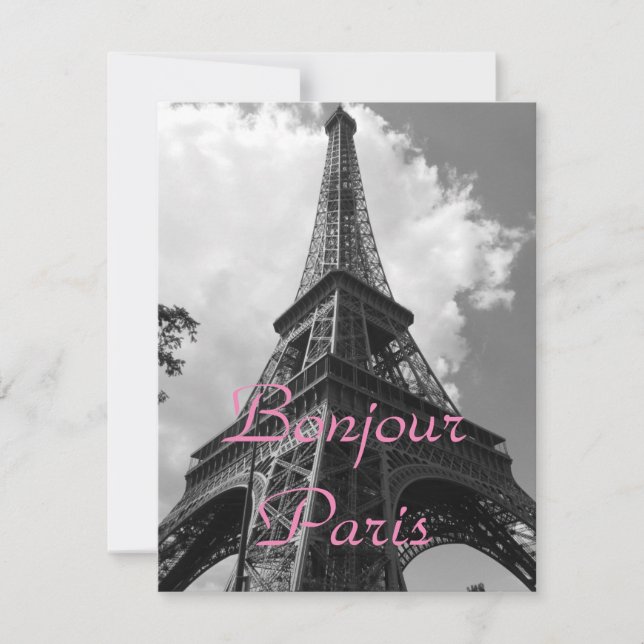 Bonjour Paris Black White Eiffel Tower France Card (Front)