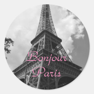 Bonjour Paris Black White Eiffel Tower France Classic Round Sticker
