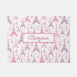Bonjour Paris France Eiffel Tower Pink Purple Doormat