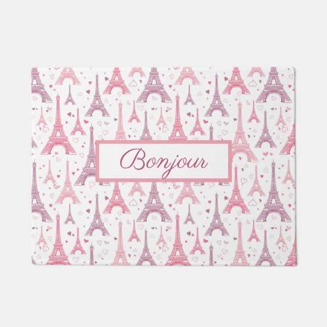 Bonjour Paris France Eiffel Tower Pink Purple Doormat (Front)