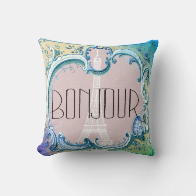 Bonjour Paris Vintage French Eiffel Tower Blues Cushion (Front)