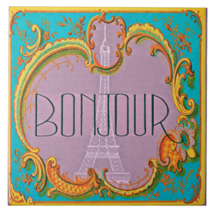 Bonjour Paris Vintage French Eiffel Tower Mauve Tile