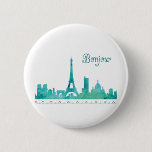 Bonjour Paris Watercolor Silhouette 6 Cm Round Badge