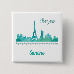 Bonjour Paris Watercolor Silhouette Personalised  15 Cm Square Badge