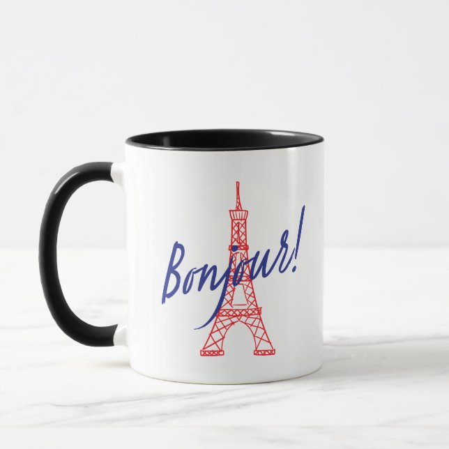 Bonjour Paris with Red Eiffel Tower Illustration Mug (Left)