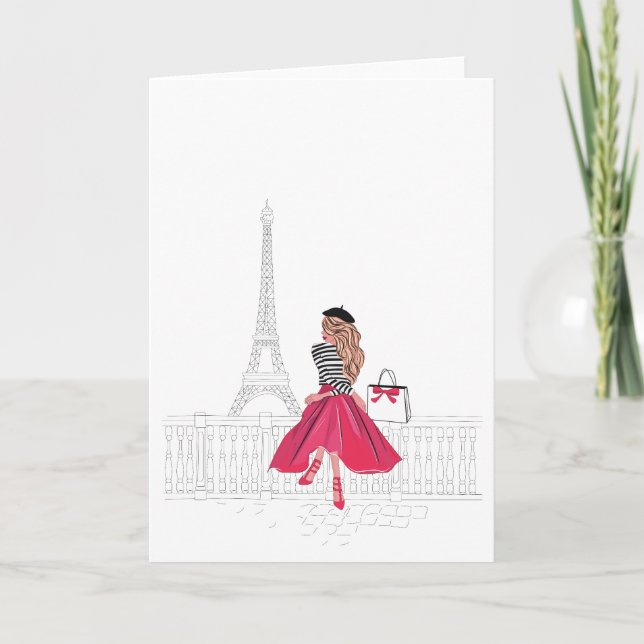 Bonjour Paris!  Woman by Eiffel Tower Card (Front)