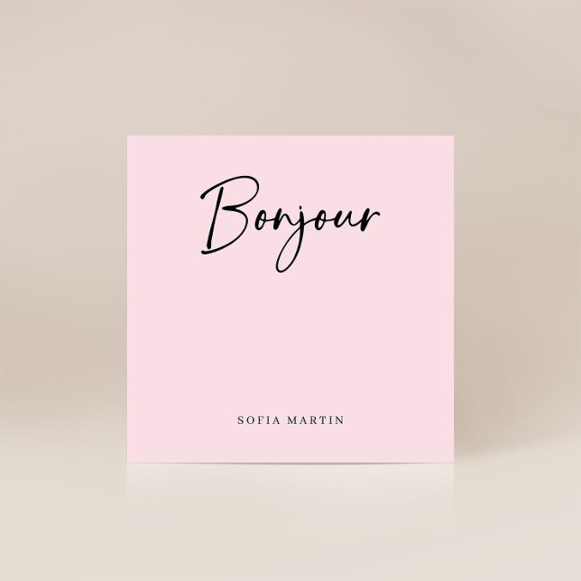 Bonjour | Pink and Black Elegant French Script Card (An elegant French style note card that says "Bonjour" in modern script)