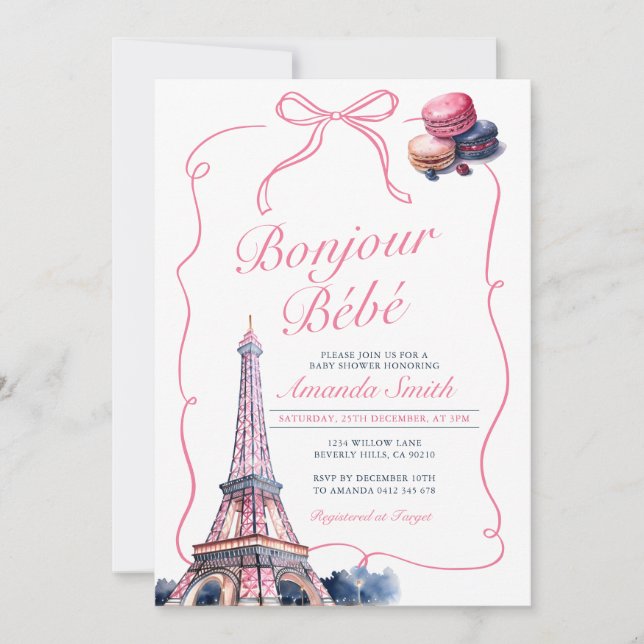 Bonjour Pink Bow  French Parisian Cafe Baby Shower Invitation (Front)